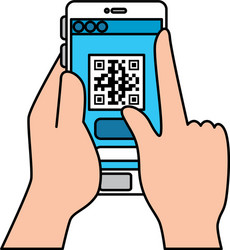 hands and qr code inside smartphone design vector