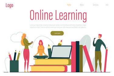 Girl on books with notebook online learning banner vector