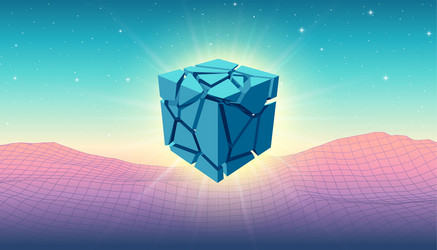 mint blue 3d cube with cracks and particles vector image