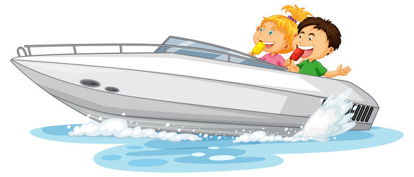 couple kids on speed boat white background vector