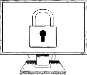 cartoon drawing of computer display with lock vector image