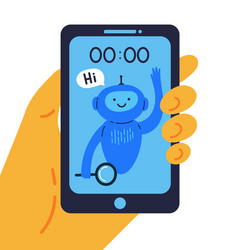 Phone with chat bot in hand that is ready to help vector