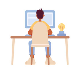 Guy sitting at table with computer semi flat vector