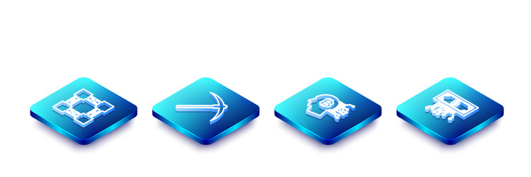 set isometric line blockchain technology pickaxe vector image
