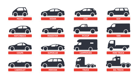 Car type and model objects icons set automobile vector