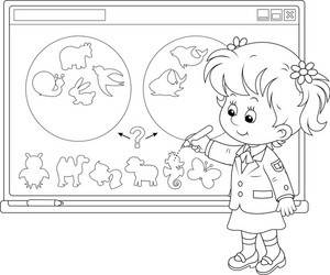 schoolgirl at the interactive whiteboard vector