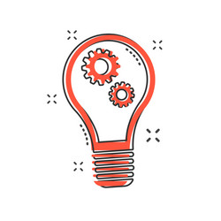 Cartoon light bulb with gear icon in comic style vector