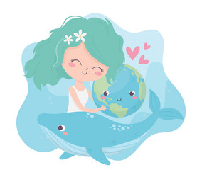 cute girl hugging world whale love hearts vector