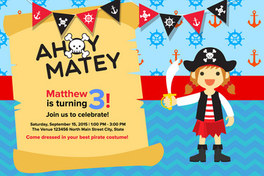 Ahoy matey pirate girl birthday invitation card vector