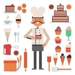 Confectioner man pies and tools concept vector