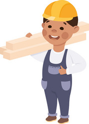 Cute builder carrying planks little boy in hard vector