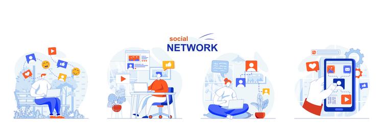 social network concept set users browsing feeds vector image