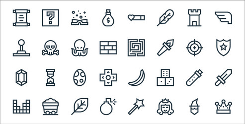 Video game elements line icons linear set quality vector