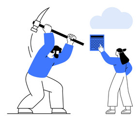 man mining resource with pickaxe while woman vector image