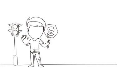 Single continuous line drawing little boy holding Vector Image