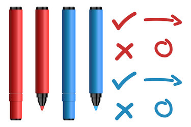 red and blue marker pens with tick cross sign vector