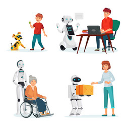 Robots interact with people in various situations vector