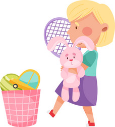 cute girl engaged in picking up toys vector