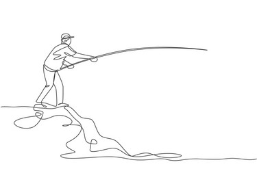 one continuous line drawing young fisherman vector