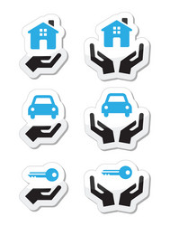 home car keys with hands icons set vector