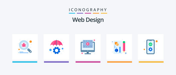 Web design flat 5 icon pack including coding vector