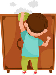 Cute boy engaged in dusting closet vector