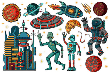 colorful design set with retro space objects vector image