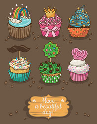 Set of delicious cupcakes with different toppings vector