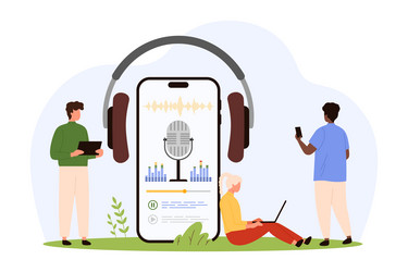 Audio podcast player app in mobile phone tiny vector