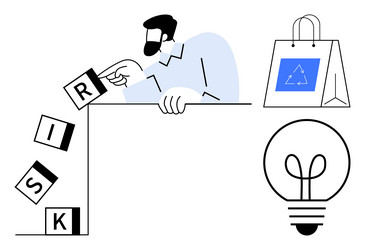 man preventing risk blocks from falling near vector image