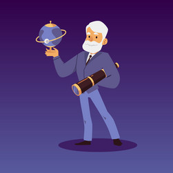 Astronomy scientist with telescope and globe flat vector