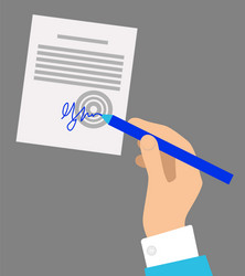 Hand with pen signing document on grey background vector