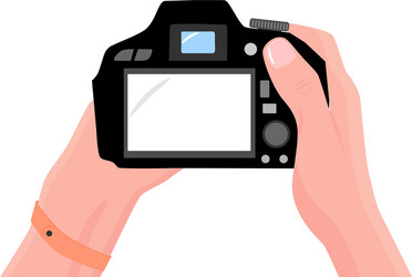 Hands with photo camera first-person view copy vector