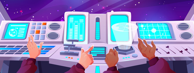 spaceship cockpit with hands on control panel vector image