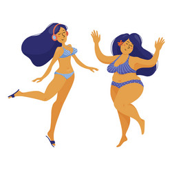 Two happy different pretty women dancing in bikini vector