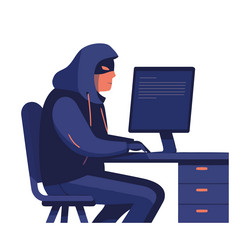 Hacker man sitting at desk typing on computer vector