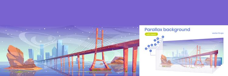 parallax background with winter lake bridge vector