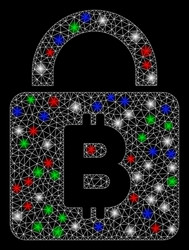 Bright mesh wire frame bitcoin lock with flare vector