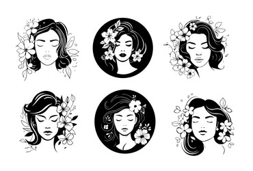 woman face set beauty icons silhouette hand vector