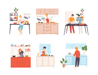 Set of people cooking in kitchen young women vector