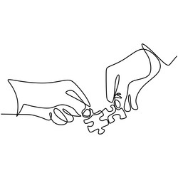 Continuous line drawing of hands solving jigsaw vector