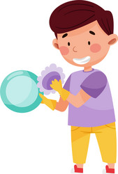 little boy engaged in housework washing dishes vector