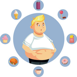 man surrounded by fast food holding her belly fat vector