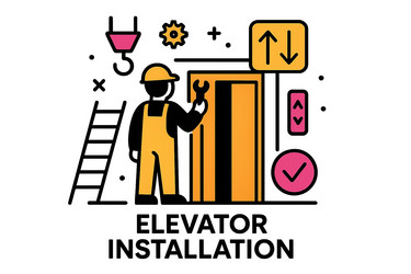 elevator installation process with a worker using vector image