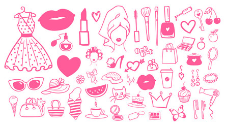 beauty and fashion doodles in pink colors vector