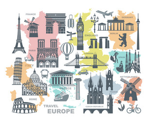 Collection of europe detailed silhouettes set vector