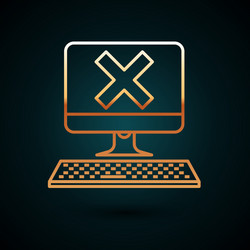 gold line computer with keyboard and x mark icon vector