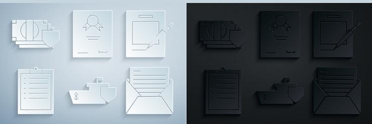 set ship with shield blank notebook and pen vector image