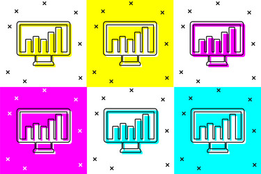set computer monitor with graph chart icon vector image