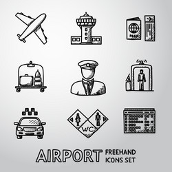 Set of handdrawn airport icons - airplane airport Vector Image Set of handdrawn airport icons - airplane airport Vector Image
